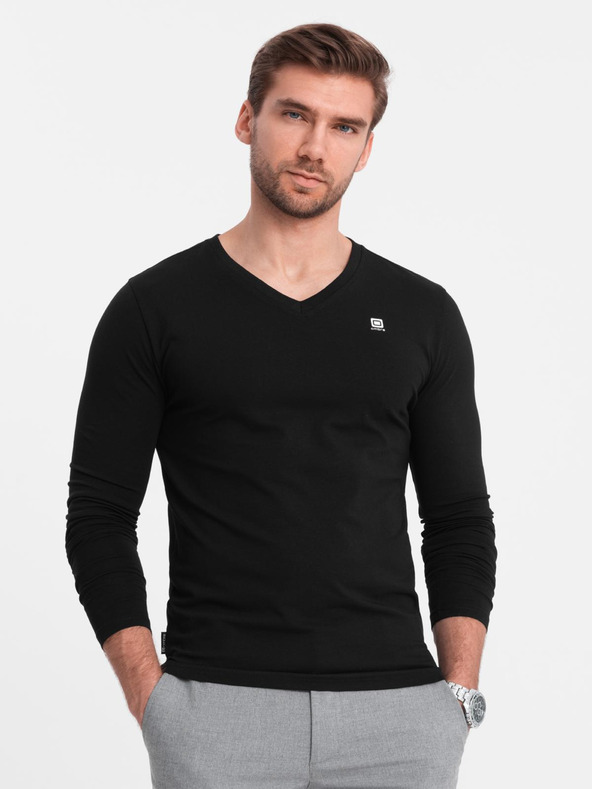 Ombre Clothing Pánská souprava SLIM FIT s dlouhým rukávem, véčkovým výstřihem a logem 2-pack - 2x černá V5 Z103 Ombre Clothing