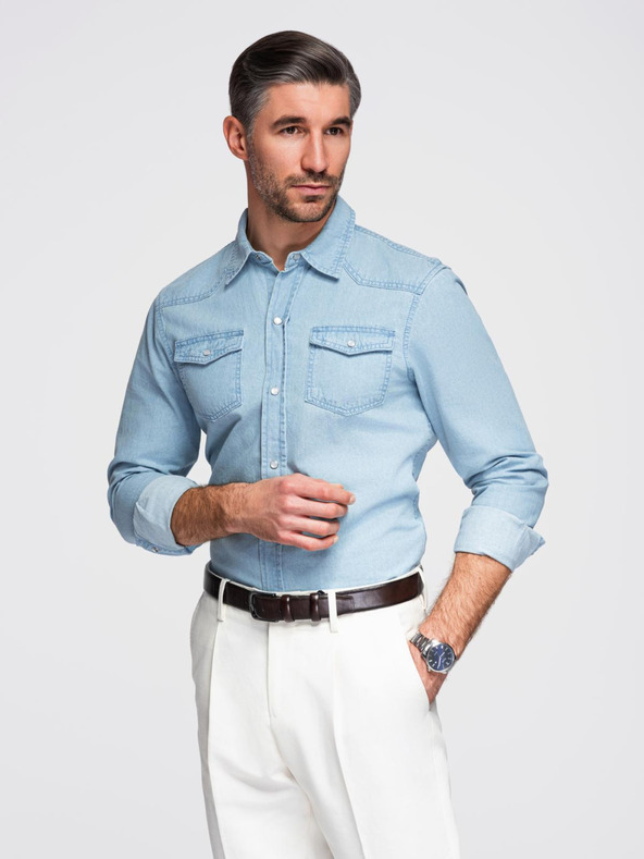 Ombre Clothing Pánská džínová košile s kapsami na patentky - světle modrá V1 OM-SHDS-0210 Ombre Clothing