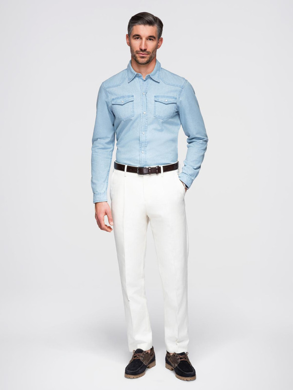 Ombre Clothing Pánská džínová košile s kapsami na patentky - světle modrá V1 OM-SHDS-0210 Ombre Clothing