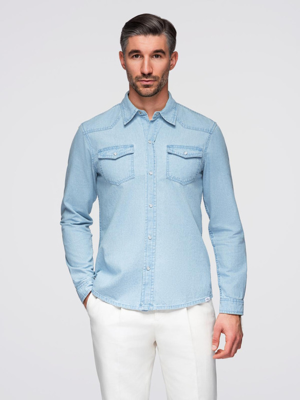 Ombre Clothing Pánská džínová košile s kapsami na patentky - světle modrá V1 OM-SHDS-0210 Ombre Clothing