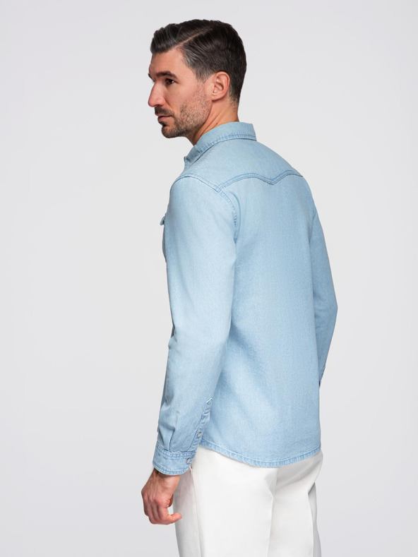 Ombre Clothing Pánská džínová košile s kapsami na patentky - světle modrá V1 OM-SHDS-0210 Ombre Clothing