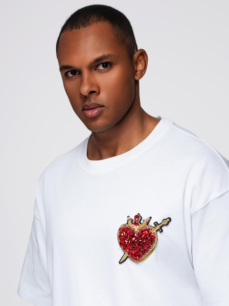 Ombre Clothing Pánské bavlněné tričko s aplikací šperků na hrudi - smetanově bílé V2 OM-TSCT-0290 Ombre Clothing