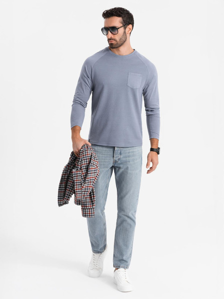 Ombre Clothing Pánské bavlněné dlouhé rukávy s vaflovou vazbou a kapsami - modrá džínovina V8 OM-LSCL-0109 Ombre Clothing