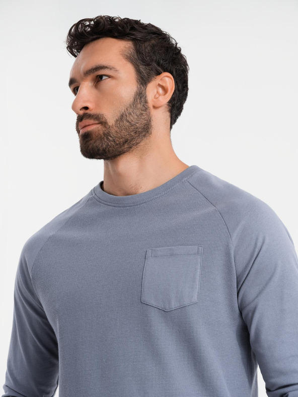 Ombre Clothing Pánské bavlněné dlouhé rukávy s vaflovou vazbou a kapsami - modrá džínovina V8 OM-LSCL-0109 Ombre Clothing
