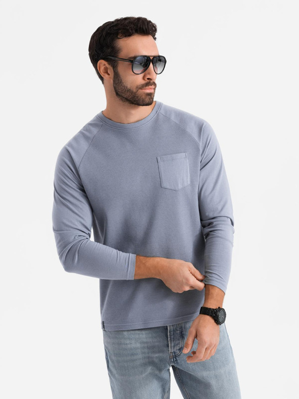 Ombre Clothing Pánské bavlněné dlouhé rukávy s vaflovou vazbou a kapsami - modrá džínovina V8 OM-LSCL-0109 Ombre Clothing