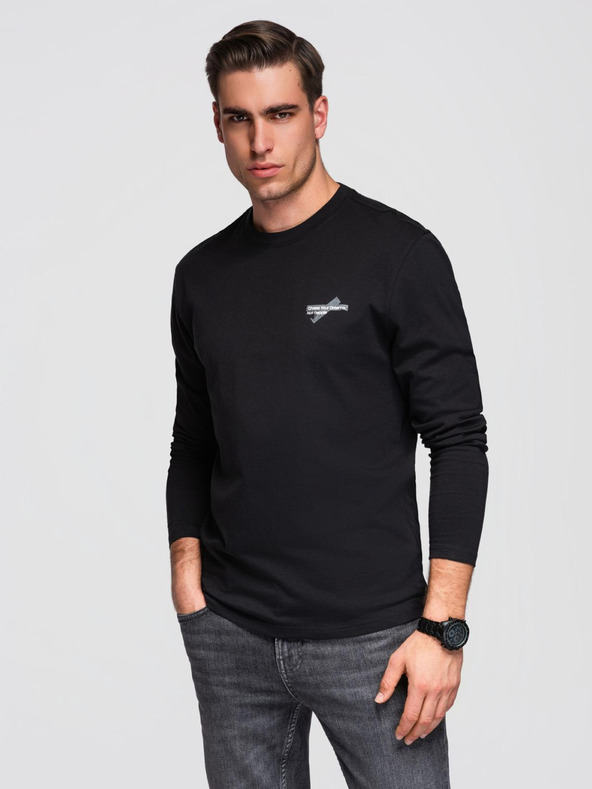 Ombre Clothing Pánské bavlněné tričko s dlouhým rukávem a kulatým výstřihem - černé V2 OM-LSPT-0136 Ombre Clothing