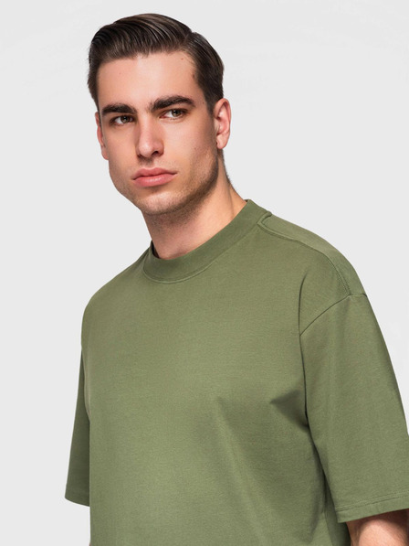 Ombre Clothing Pánské bavlněné tričko LOOSE FIT s kulatým výstřihem - tmavě olivové V8 OM-TSBC-0267 Ombre Clothing