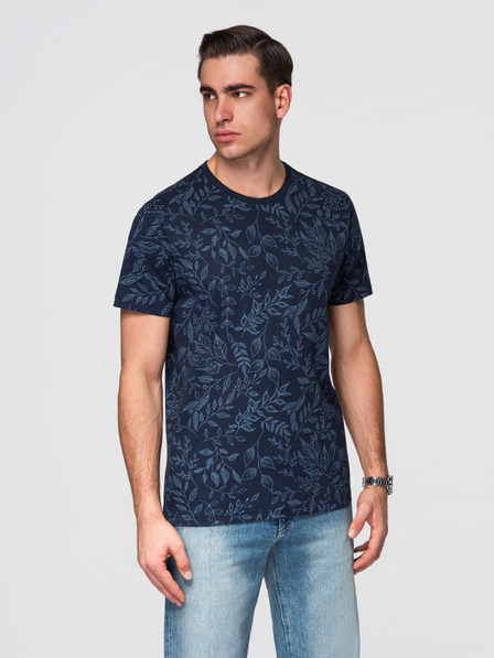 Ombre Clothing Pánské bavlněné tričko s květinovým potiskem - tmavě modré V4 OM-TSFP-0262 Ombre Clothing
