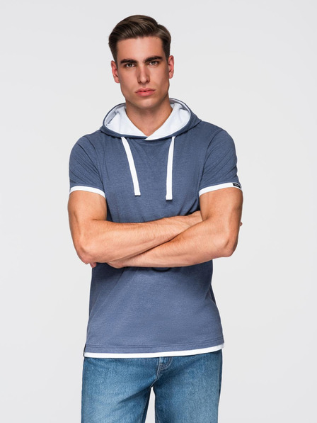 Ombre Clothing Pánské bavlněné tričko s kapucí - tmavě modrá melanž V12 OM-TSCT-0256 Ombre Clothing