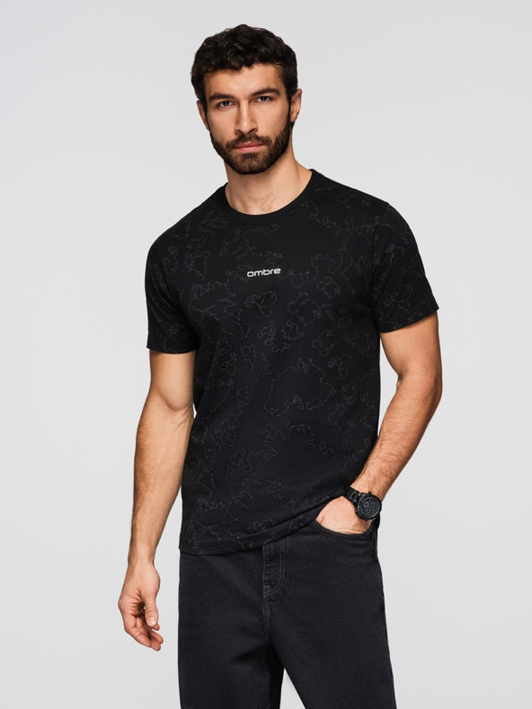 Ombre Clothing Pánské bavlněné tričko s celoplošným potiskem a nápisem "ombre" na hrudi - černé V1 OM-TSFP-0263 Ombre Clothing