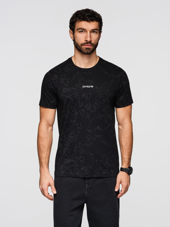 Ombre Clothing Pánské bavlněné tričko s celoplošným potiskem a nápisem "ombre" na hrudi - černé V1 OM-TSFP-0263 Ombre Clothing