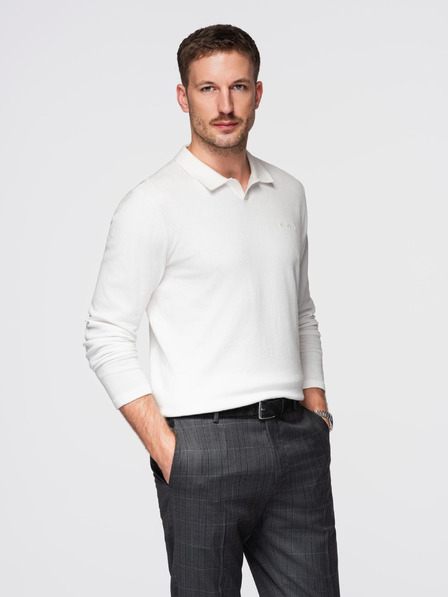 Ombre Clothing Pánský polo svetr s výšivkou na hrudi - bílý V2 OM-POLS-0140 Ombre Clothing