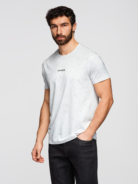 Ombre Clothing Pánské bavlněné tričko s celoplošným potiskem a nápisem "ombre" na hrudi - bílé V2 OM-TSFP-0263 Ombre Clothing