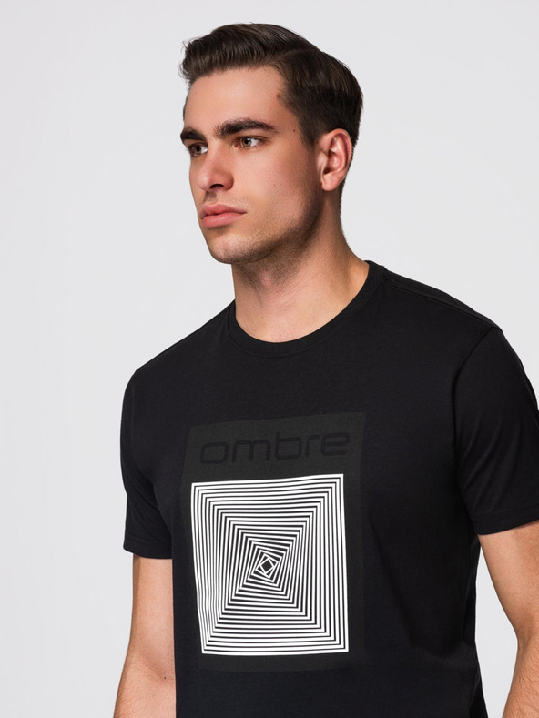 Ombre Clothing Pánské bavlněné tričko s geometrickým potiskem - černé V1 OM-TSPT-0260 Ombre Clothing