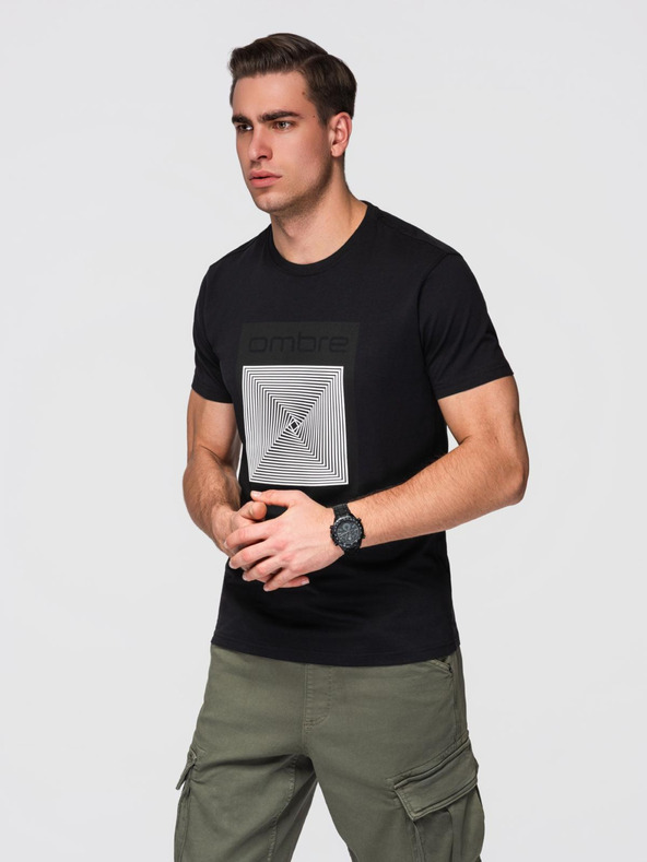 Ombre Clothing Pánské bavlněné tričko s geometrickým potiskem - černé V1 OM-TSPT-0260 Ombre Clothing