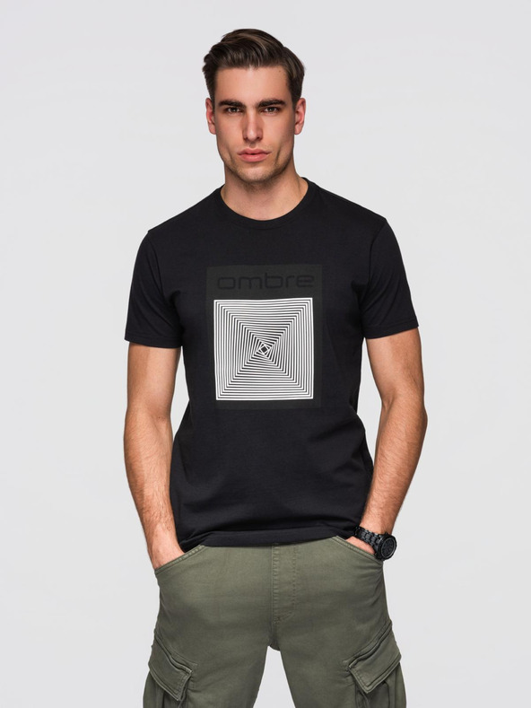 Ombre Clothing Pánské bavlněné tričko s geometrickým potiskem - černé V1 OM-TSPT-0260 Ombre Clothing
