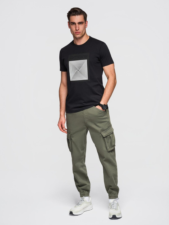 Ombre Clothing Pánské bavlněné tričko s geometrickým potiskem - černé V1 OM-TSPT-0260 Ombre Clothing