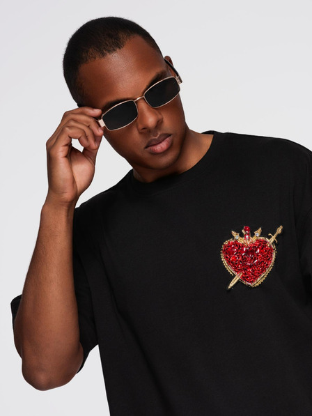 Ombre Clothing Pánské bavlněné tričko s aplikací šperků na hrudi - černé V1 OM-TSCT-0290 Ombre Clothing