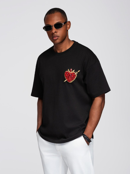 Ombre Clothing Pánské bavlněné tričko s aplikací šperků na hrudi - černé V1 OM-TSCT-0290 Ombre Clothing