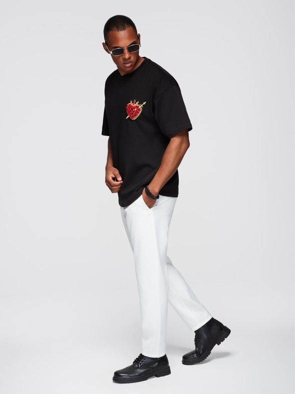 Ombre Clothing Pánské bavlněné tričko s aplikací šperků na hrudi - černé V1 OM-TSCT-0290 Ombre Clothing