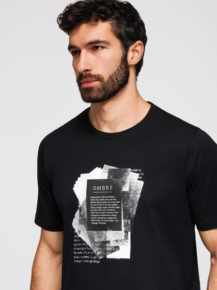 Ombre Clothing Pánské bavlněné tričko se zajímavým potiskem na hrudi - černé V1 OM-TSPT-0261 Ombre Clothing