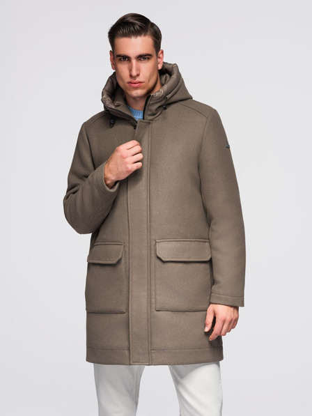 Ombre Clothing Pánský vlněný kabát parka s kapucí - khaki V2 OM-COWC-0132 Ombre Clothing