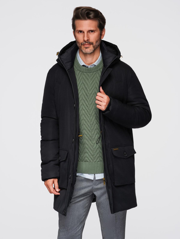 Ombre Clothing Elegantní pánská parka s kapsami a kapucí - černá V1 OM-JAPJ-0287 Ombre Clothing