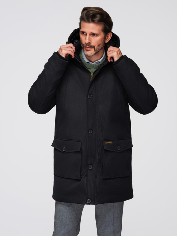 Ombre Clothing Elegantní pánská parka s kapsami a kapucí - černá V1 OM-JAPJ-0287 Ombre Clothing