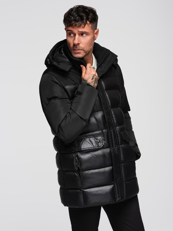 Ombre Clothing Pánská prošívaná bunda s vysokým límcem a kapucí - černá V1 OM-JALJ-0266 Ombre Clothing