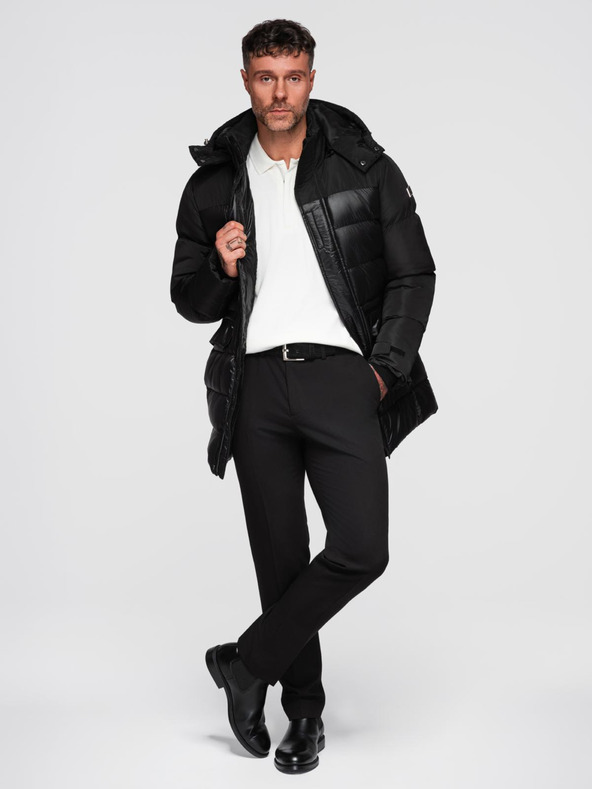 Ombre Clothing Pánská prošívaná bunda s vysokým límcem a kapucí - černá V1 OM-JALJ-0266 Ombre Clothing