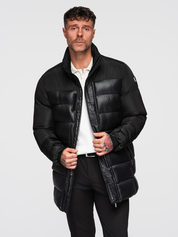 Ombre Clothing Pánská prošívaná bunda s vysokým límcem a kapucí - černá V1 OM-JALJ-0266 Ombre Clothing