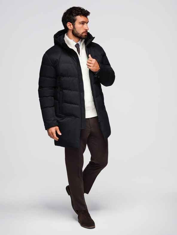 Ombre Clothing Pánská dlouhá prošívaná bunda s kapucí - černá V1 OM-JALJ-0264 Ombre Clothing