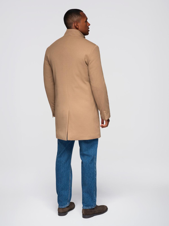Ombre Clothing Pánský strukturovaný kabát s vysokým límcem - světle hnědý V4 OM-COWC-0136 Ombre Clothing