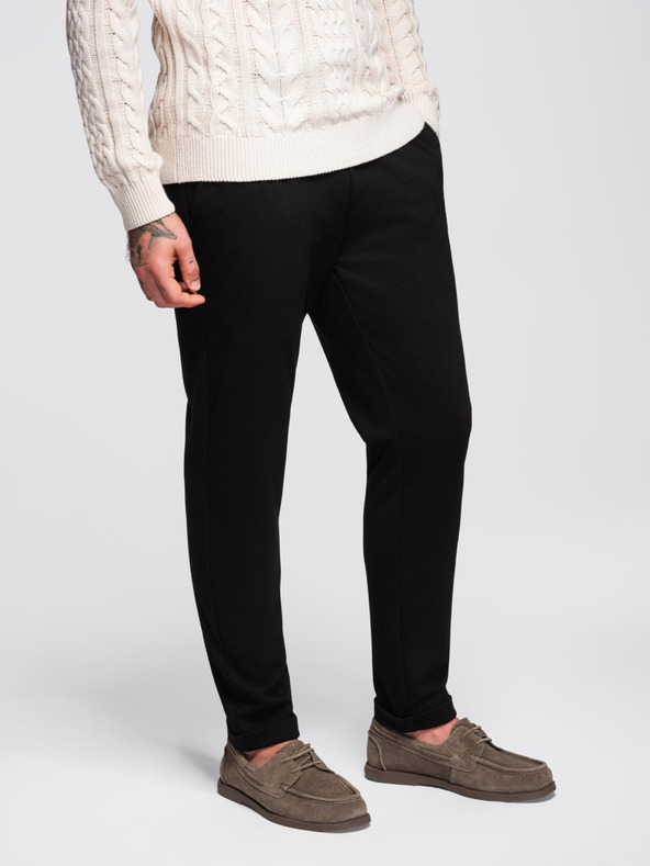 Ombre Clothing Pánské kalhoty z piké úpletu s nastavitelným pasem - černé V2 OM-PACP-0283 Ombre Clothing