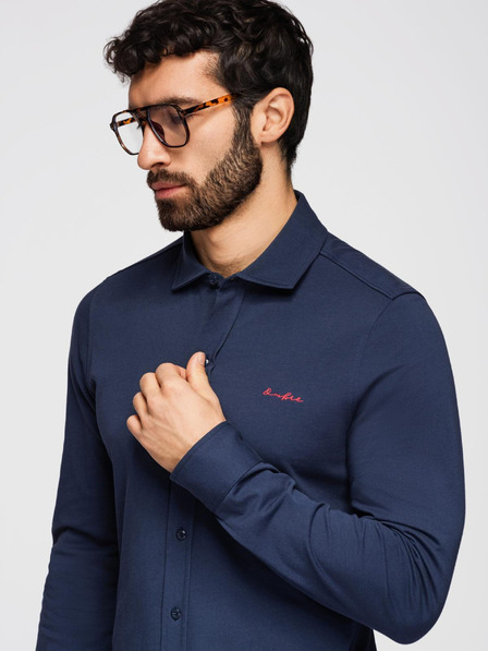 Ombre Clothing Pánská bavlněná košile REGULAR s kontrastní výšivkou - tmavě modrá V2 K697 Ombre Clothing