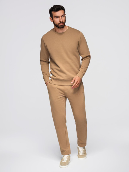 Ombre Clothing Pánská tepláková souprava mikina s kulatým výstřihem + kalhoty regular fit - camel V2 Z122 Ombre Clothing