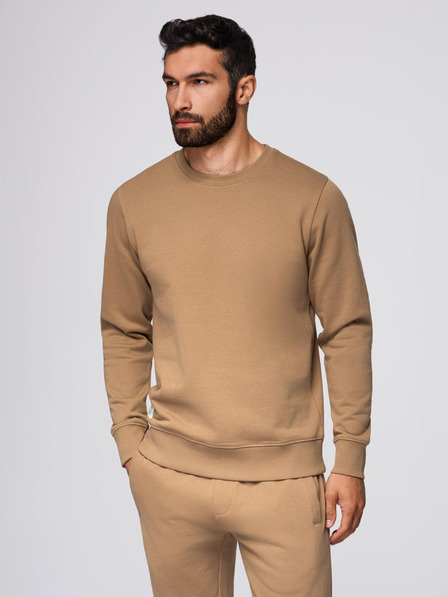 Ombre Clothing Pánská tepláková souprava mikina s kulatým výstřihem + kalhoty regular fit - camel V2 Z122 Ombre Clothing