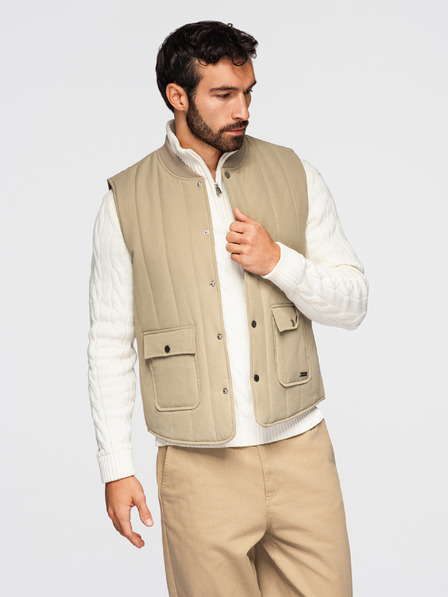 Ombre Clothing Pánská ležérní vesta bez rukávů se svislým prošíváním - béžová V2 OM-JAVJ-0323 Ombre Clothing