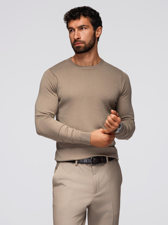 Ombre Clothing BASIC pánský klasický viskózový svetr s kulatým výstřihem - tmavě béžový V15 OM-SWBS-0106 Ombre Clothing