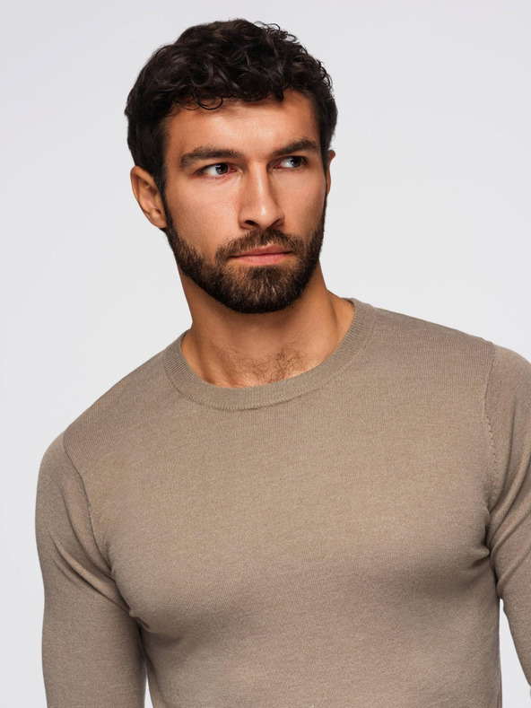 Ombre Clothing BASIC pánský klasický viskózový svetr s kulatým výstřihem - tmavě béžový V15 OM-SWBS-0106 Ombre Clothing