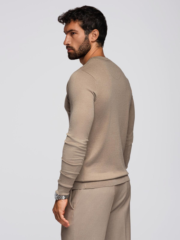 Ombre Clothing BASIC pánský klasický viskózový svetr s kulatým výstřihem - tmavě béžový V15 OM-SWBS-0106 Ombre Clothing