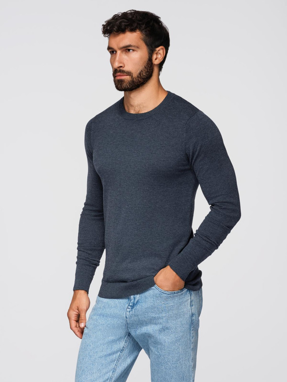 Ombre Clothing BASIC pánský viskózový svetr s kulatým výstřihem - tmavě modrý melír V16 OM-SWBS-0106 Ombre Clothing
