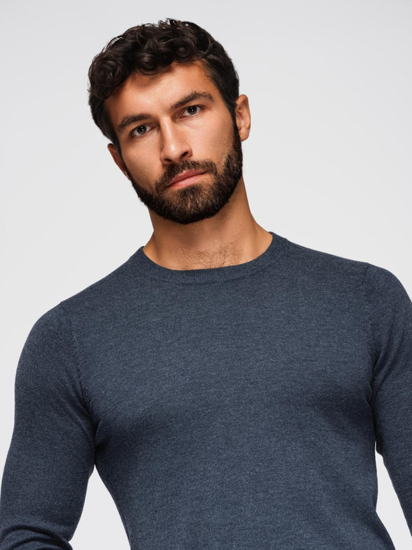 Ombre Clothing BASIC pánský viskózový svetr s kulatým výstřihem - tmavě modrý melír V16 OM-SWBS-0106 Ombre Clothing