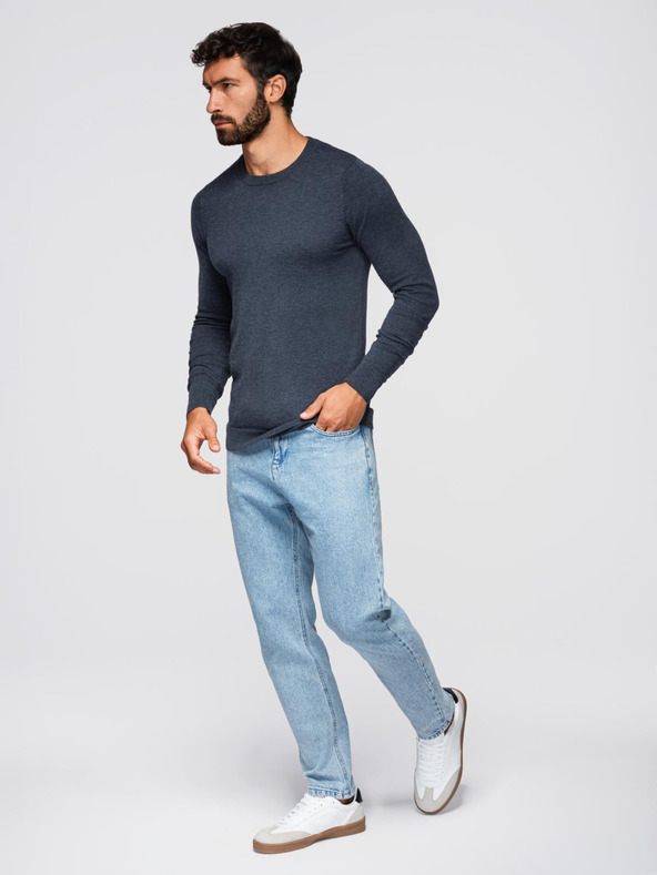 Ombre Clothing BASIC pánský viskózový svetr s kulatým výstřihem - tmavě modrý melír V16 OM-SWBS-0106 Ombre Clothing