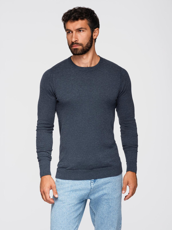 Ombre Clothing BASIC pánský viskózový svetr s kulatým výstřihem - tmavě modrý melír V16 OM-SWBS-0106 Ombre Clothing