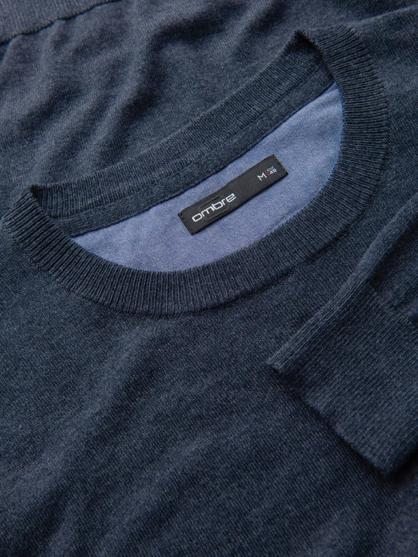 Ombre Clothing BASIC pánský viskózový svetr s kulatým výstřihem - tmavě modrý melír V16 OM-SWBS-0106 Ombre Clothing