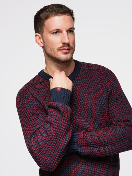 Ombre Clothing Pánský svetr s kontrastní vazbou a kulatým výstřihem - bordó V1 OM-SWSW-0122 Ombre Clothing