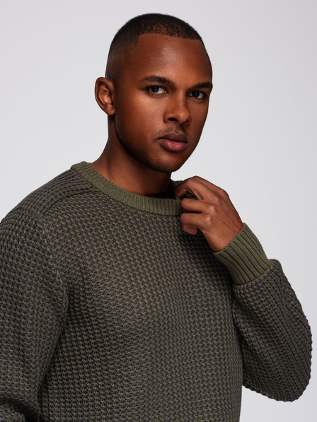 Ombre Clothing Pánský svetr s kontrastní vazbou a kulatým výstřihem - tmavě olivový V2 OM-SWSW-0122 Ombre Clothing