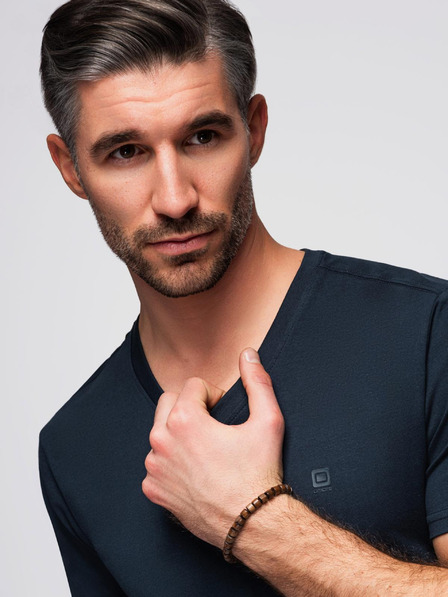 Ombre Clothing Tmavě modré pánské tričko s véčkovým výstřihem Ombre Clothing