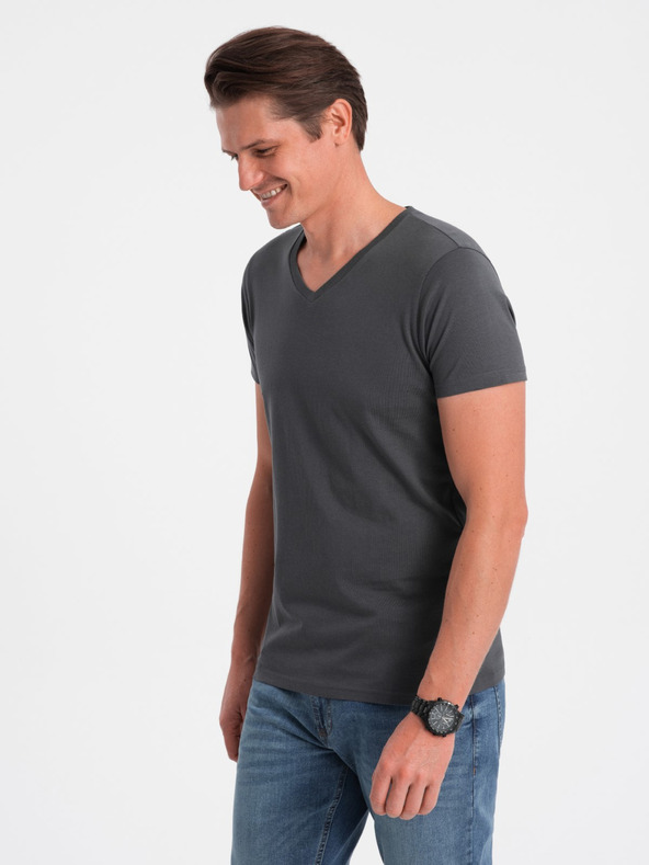 Ombre Clothing Tmavě šedé pánské basic tričko s véčkovým výstřihem Ombre Clothing